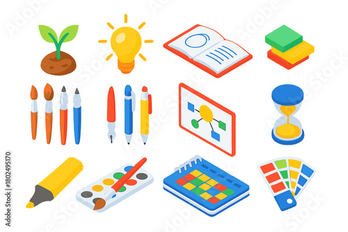 Creative Growth Icons. Isometric vector illustration set growth and creativity: plant growth icon, bright light idea, designer’s