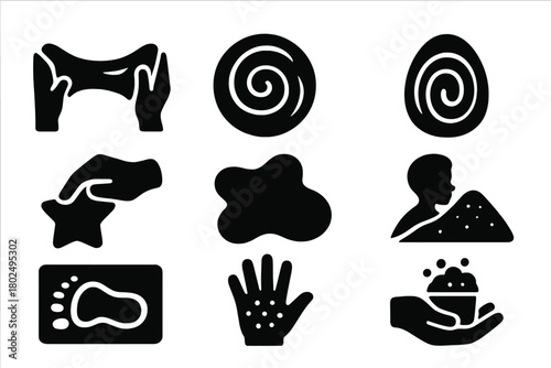 Creative Sensory Icons. Solid style icons of creative sensory play: Stretched Form, Swirl Pattern, Spiral Cut, Pressed Shape,