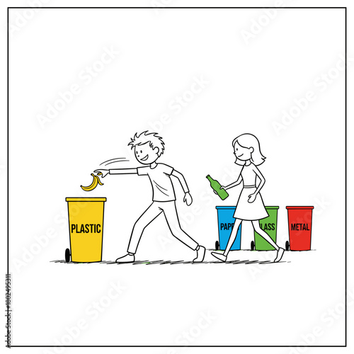 Children sorting recyclable waste into colorful bins outdoors  