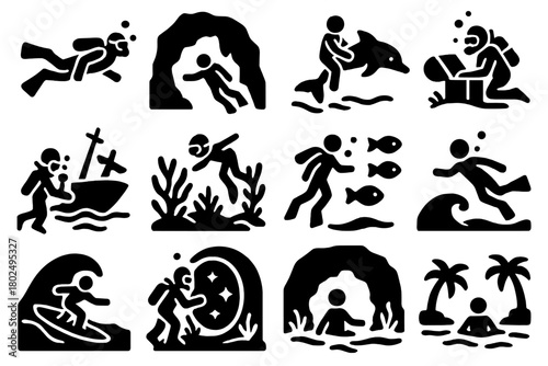 Underwater Adventure Icons. Solid style icons of Adventure and exploration: diving, swimming through cave, riding dolphin,