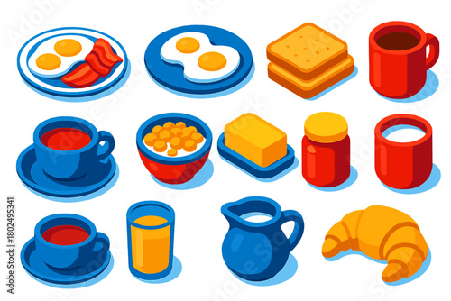 Bright Breakfast Icons. Isometric vector illustration set cooking themes: breakfast plate, fried eggs, scrambled eggs, toast