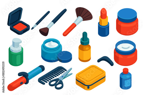 Vibrant Beauty Essentials. Isometric vector illustration set Makeup, Skincare, and Grooming: eyeshadow singles, angled eyeliner