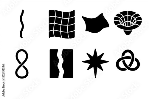 Topological Defect Icons. Solid style icons of topological defect concepts: Cosmic String Line, Spacetime Ripple Grid, Curved