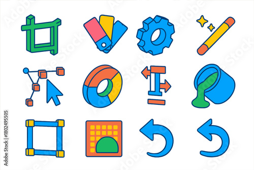 Vibrant Design Tool Icons. Isometric vector illustration set Minimalist Design Tools: crop icon, color palette, settings gear,