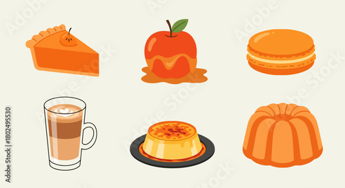 Delicious dessert icons: pie, candy apple, macaron, coffee, flan, bundt cake