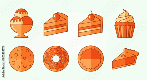 Assorted sweet desserts icons set in flat style