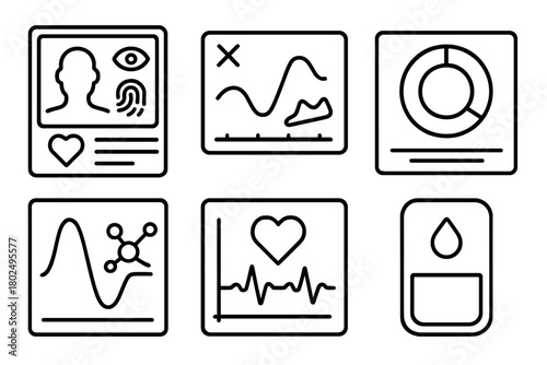 Line Style Bio Icons. Line style icons of Personal Bio Dashboards: biometric summary screen, sleep vs activity chart, nutrient