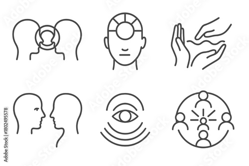 Synesthetic Empathy Icons. Line style icons of Synesthetic Empathy Tools: shared color feelings, aura chart, hand-to-hand color