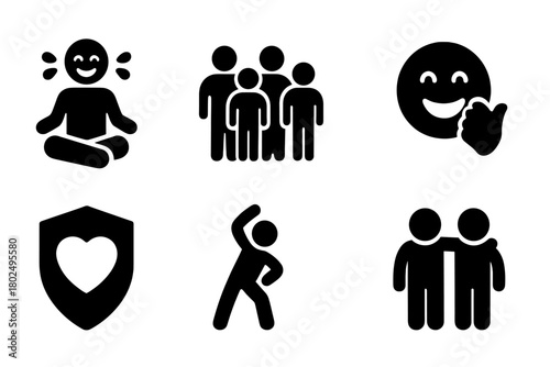 Laughter Yoga Icons. Solid style icons of Playful Fitness Session: Laughter Yoga, Group, Fake Laughter, Joy, Health, Exercise,