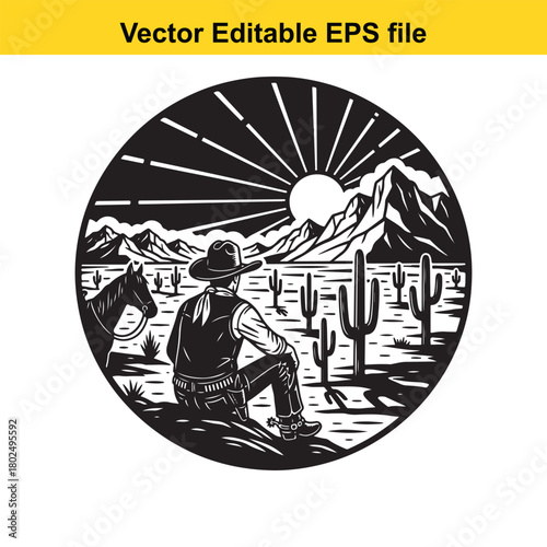 Cowboy sitting with a horse in the desert with saguaro cactus and mountains under a radiant sun, vector art