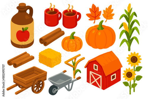 Autumn Harvest Icons. Isometric vector illustration set featuring food and nature: apple cider jug, mugs, cinnamon sticks, apple