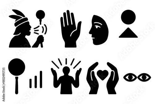 Guided Journey Icons. Solid style icons of guided journey roles: Shaman Chanting, Assistant Hand, Healer Gaze, Holding Space