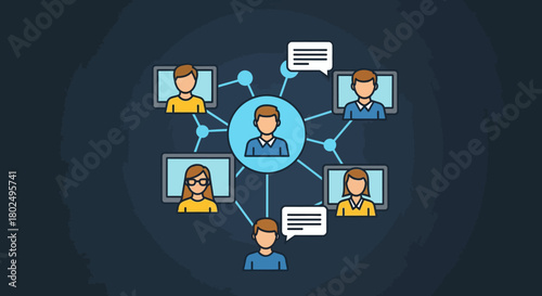 Flat style digital network with connected people and communication icons