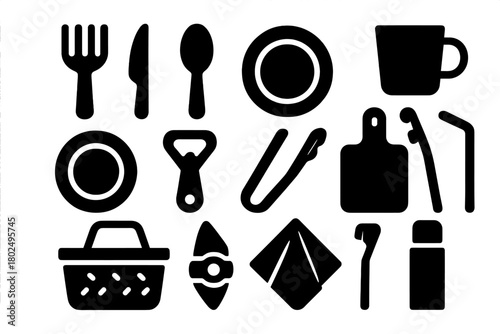 Picnic Utensils Icons. Solid style icons of Picnic utensils: fork, knife, spoon, cup, plate, bottle opener, tongs, cutting board,