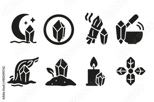 Crystal Cleansing Ritual Icons. Solid style icons of crystal cleansing rituals: Moonlight Bath, Salt Circle, Smoke Cleansing,