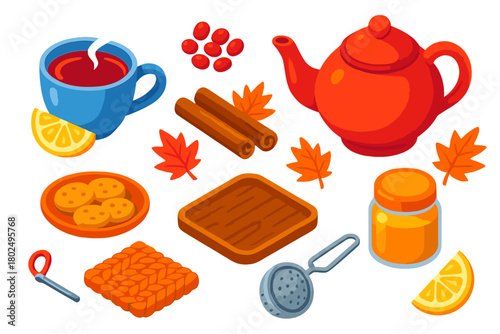 Autumn Tea Essentials. Isometric vector illustration set autumn drinks and tea: pomegranate tea cup, pomegranate seeds, tea pot,
