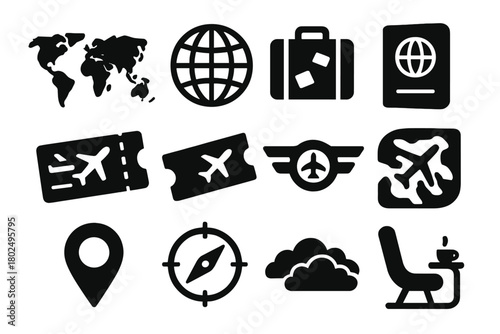 Travel Adventure Icons. Solid style icons of Travel and adventure: global map, world globe, suitcase, passport, boarding pass,