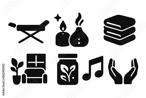 Alternative Therapy Icons. Solid style icons of alternative therapy setting: Massage Table, Dim Candlelight, Aroma Diffuser, Soft