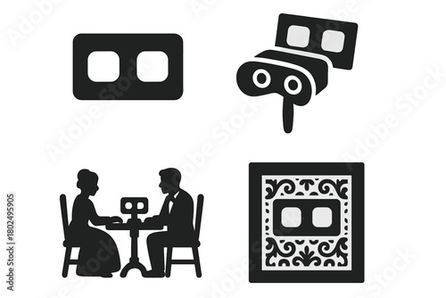 Vintage Home Entertainment Icons. Solid style icons of Historical Home Entertainment: Stereoscope, Card, Viewer, 3D Image, Parlor
