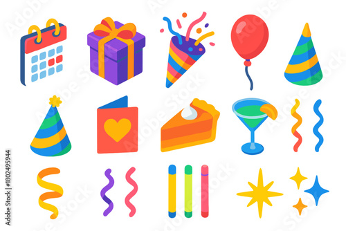Collection of colorful party icons including a cake, a pie, a glass of martini