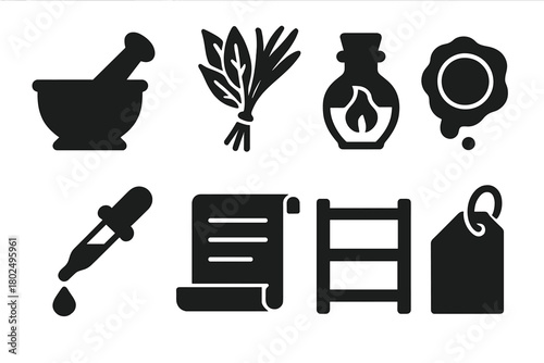 Medieval Apothecary Tools. Solid style icons of medieval apothecary tools: Mortar and Pestle, Herb Bundle, Potion Bottle, Wax Seal