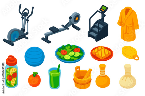 Healthy Lifestyle Icons. Isometric vector illustration set Healthy Lifestyle: elliptical machine, rowing erg, stair climber, gym