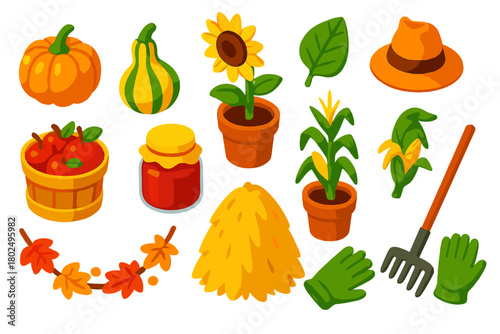Vibrant Harvest Icons. Isometric vector illustration set pumpkin, sunflower, apples, and more: decorative pumpkin, striped gourd,