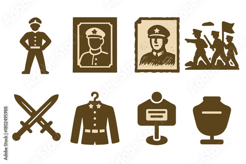 Historical Military Icons. Solid style icons of historical military stylization: Heroic Pose, Framed Portrait, Vintage Sketch,