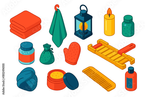 Colorful Bath Essentials. Isometric vector illustration set featuring towel, candle, and bath supplies: fluffy towel stack, bath
