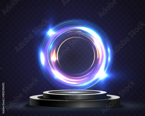Glowing neon blue light ring above dark podium for award ceremony, premium presentation and futuristic showcase.