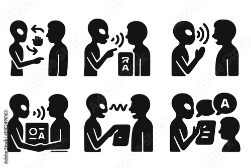 Alien-Human Interaction Icons. Solid style icons of alien-human interaction: Symbol Swap, Vocal Attempt, Touch-Based Script,