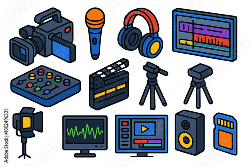 Editing Tools Icons. Isometric vector illustration set Video and Audio Editing Tools: video camera, microphone, headphones,