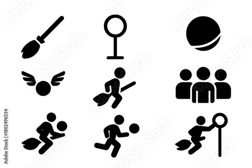 Magical Game Icons. Solid style icons of Magical-Themed Game: Broomstick, Hoop, Bludger, Snitch Runner, Goal Post, Player, Team,