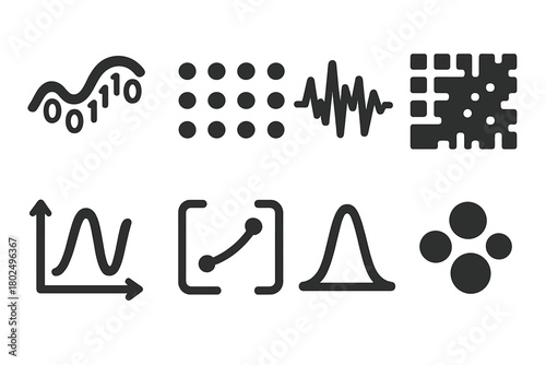 Abstract Data Icons. Solid style icons of abstract data representation: Binary Stream Curve, Data Points Matrix, Signal Noise Icon