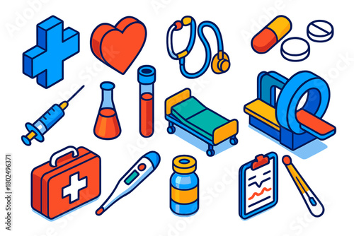 Medical Essentials Icons. Isometric vector illustration set Medical and Healthcare Essentials: health cross, heart, stethoscope,