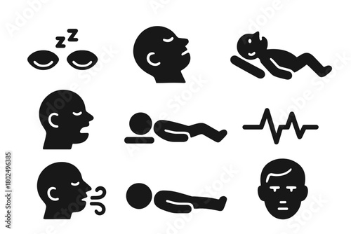 Unconscious Patient Icons. Solid style icons of unconscious patient imagery: Closed Eyes, Reclined Head, Relaxed Limbs, Drooping