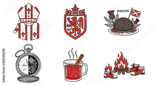Scottish icons: traditional symbols featuring haggis, watch, and festive drinks