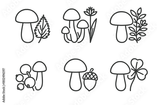 Wild Edibles Icons. Line style icons of Wild Edibles with Mushrooms: mushroom with nettle, fungi and wild garlic, cap with wild