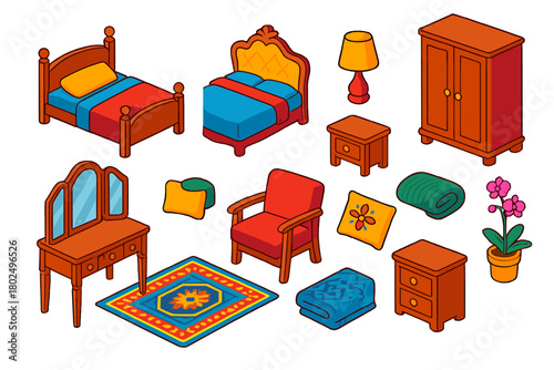 Isometric Bedroom Collection. Isometric vector illustration set bedroom elements collection: traditional wood bed, ornate