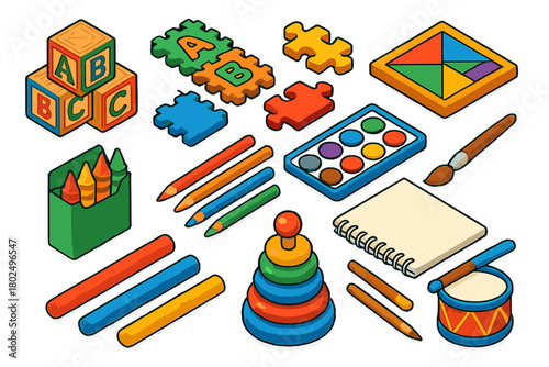 Vibrant Children's Toys. Isometric vector illustration set abc blocks, puzzles, crayons, and more: wooden ABC blocks, foam