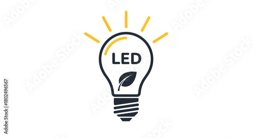 Led light bulb icon with eco-friendly leaf and yellow rays