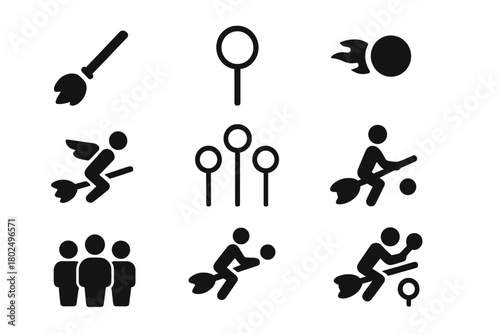 Airborne Competition Icons. Solid style icons of Airborne Competition: Broomstick, Hoop, Bludger, Snitch Runner, Goal Post, Player