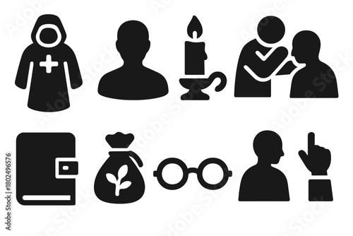 Medieval Medical Icons. Solid style icons of medieval medical diagnosis: Physician’s Robe, Patient Silhouette, Candle Light,