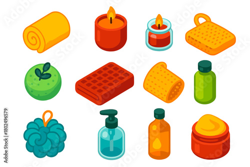 Bath Essentials Icons. Isometric vector illustration set featuring towel, candle, and bath supplies: cotton towel roll, waffle