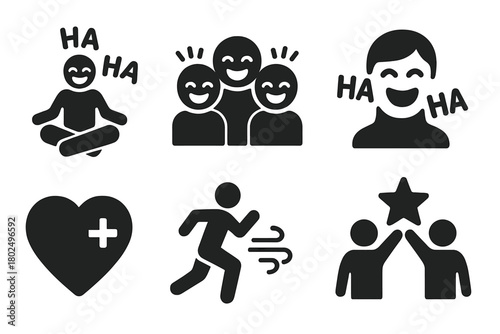 Group Laughter Icons. Solid style icons of Therapeutic Group Laughter: Laughter Yoga, Group, Fake Laughter, Joy, Health, Exercise,