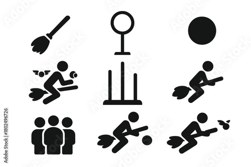 Airborne Competition Icons. Solid style icons of Airborne Competition: Broomstick, Hoop, Bludger, Snitch Runner, Goal Post, Player