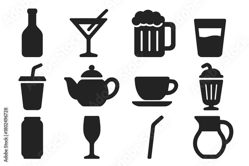 Restaurant Drink Icons. Solid style icons of Restaurant drinks: wine bottle, cocktail glass, beer mug, water glass, juice cup,
