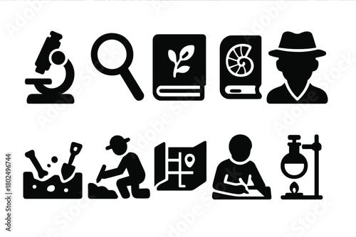 Science Discovery Icons. Solid style icons of Science and discovery: microscope, magnifying glass, research notebook, fossil