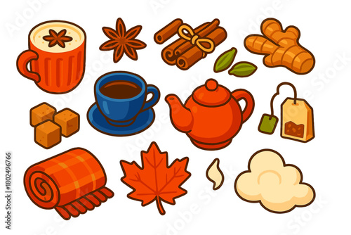Autumn Tea Essentials. Isometric vector illustration set autumn drinks and tea: chai latte, star anise, cinnamon bundle, cardamom