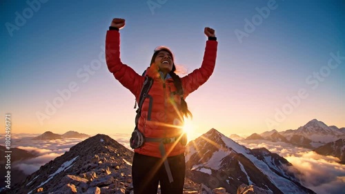 A triumphant individual stands atop a majestic mountain peak, her arms raised in victory, bathed in the golden light of a stunning sunrise and stunning scenic views.